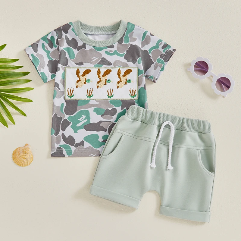 

2024-04-22 Lioraitiin Little Boys Summer Shorts Sets Short Sleeve Duck Embroidery Camouflage Tops and Drawstring Shorts Sets