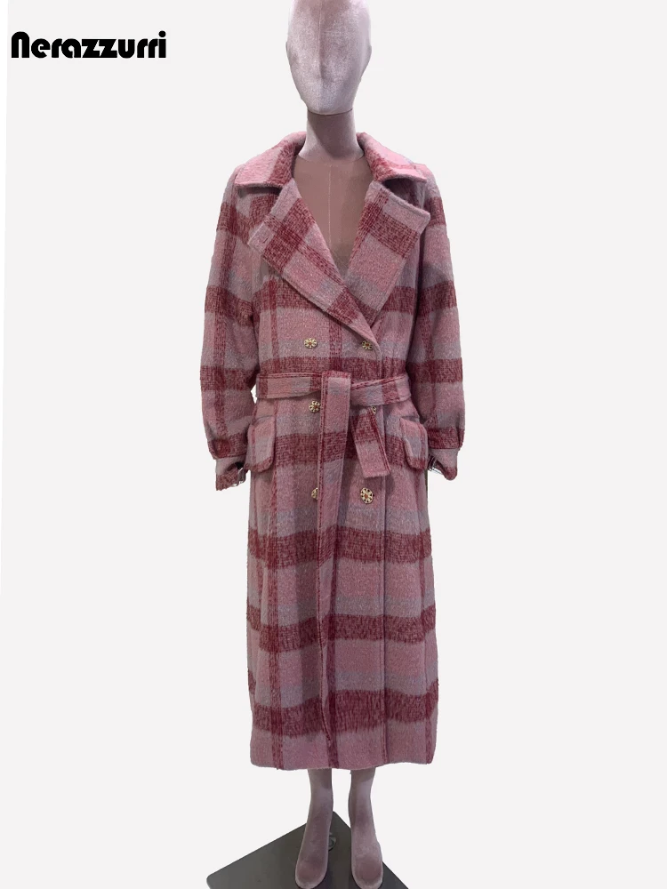 Nerazzurri Autumn Winter Long Oversized Colorful Thick Warm Soft Plaid Woolen Coat Women Double Breasted Wool & blends Overcoat