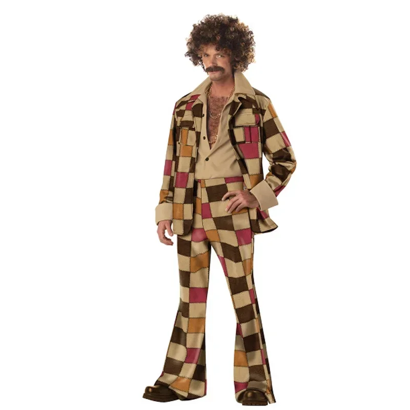 Free Shipping Hot Men 60s 70s Retro Hippie Costume Vintage 1960s 1970s Go Go Girl Disco Costumes Men's Disco Costume