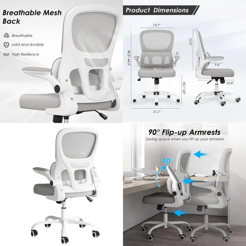 

Adjustable Ergonomic Chair with Lumbar Support, Mesh Office Chair with Flip-Up Arms and Wheels, 350 lbs Capacity, White and Gray