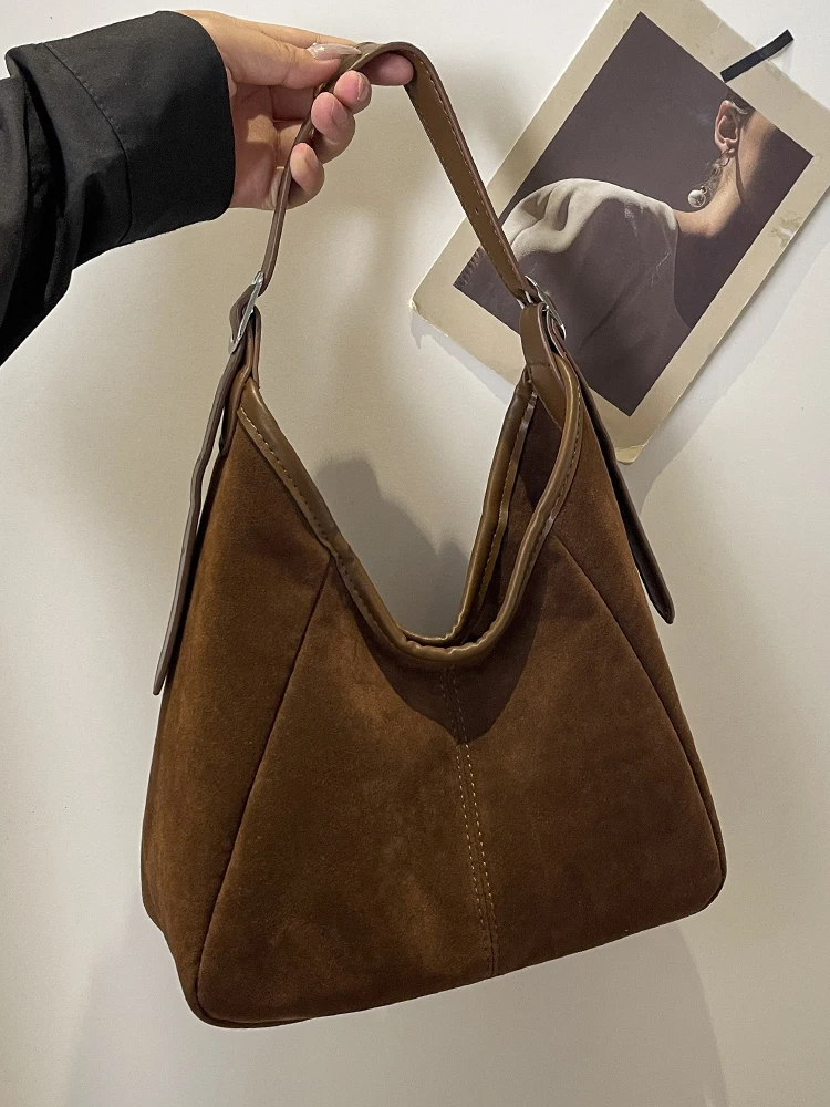 Vintage Frosted Suede Large Capacity Tote Bag 2024 New Women's Zipper Closure Texture Armpit Bags Commuting Versatile Handbag image 2