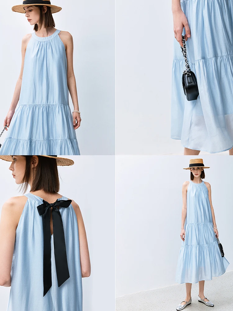 LILY Zomer Nieuwe Blauwe Jurk vrouwen Hoge Taille A-lijn Dr met Ba Strik Viscose Satijn Lange Dr OL Sle pendelen Dr