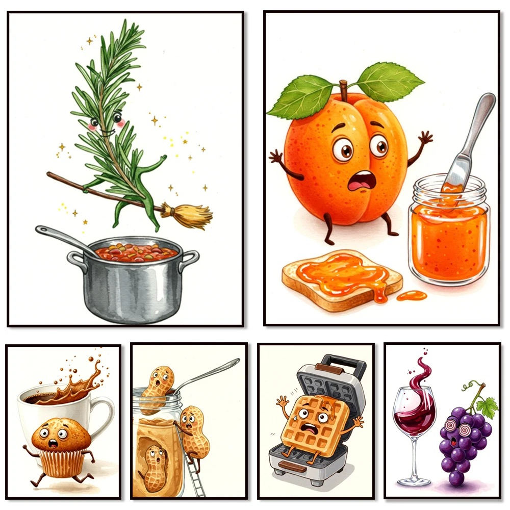 Zanahoria divertida, cáscara de naranja de dibujos animados, melocotón, plátano triste, croissant, mermelada de albaricoque, dulces, arte del humor de verduras, cartel de cocina peculiar