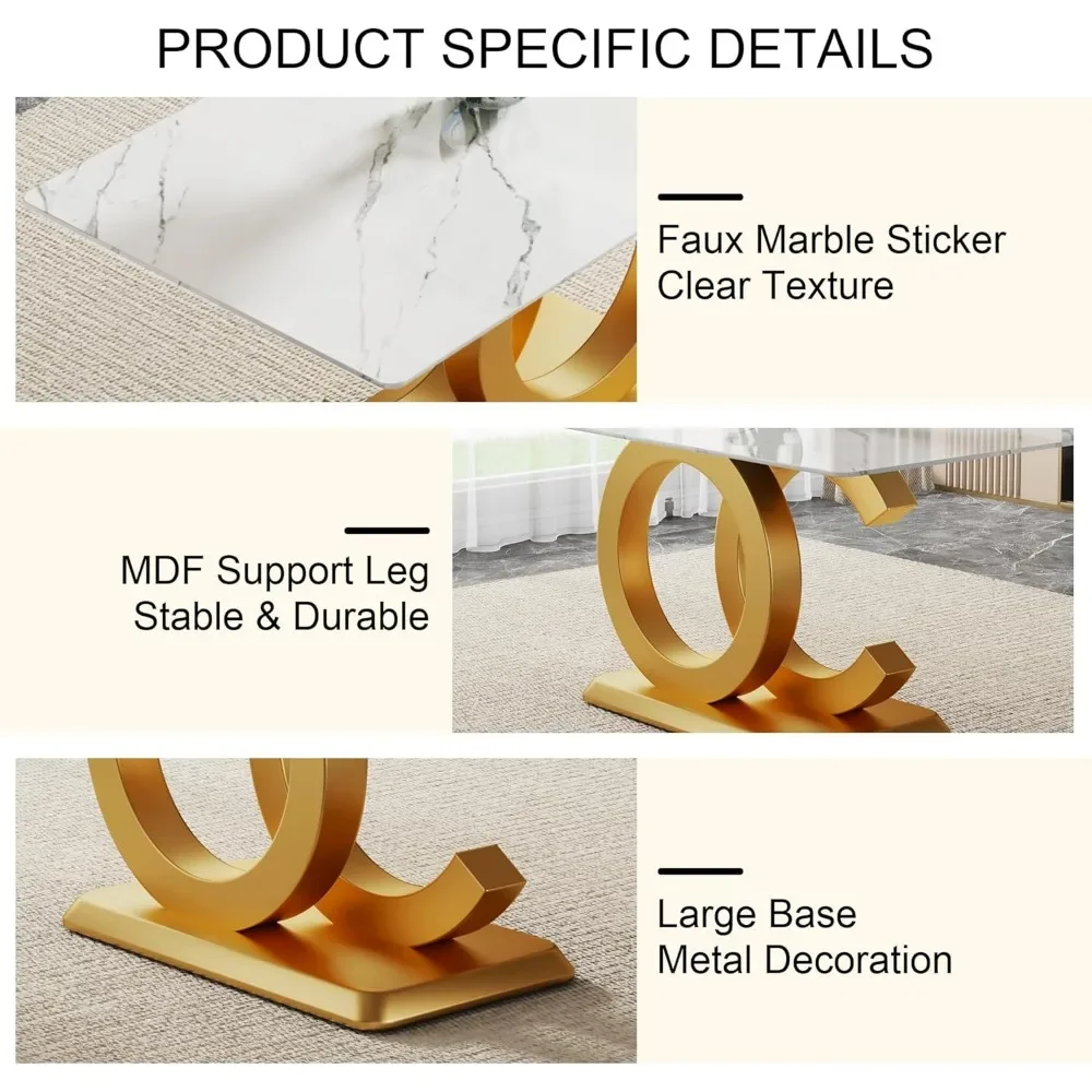 63" dining table set for 6 people, 7-piece dining table set, faux marble dining table top, gold base, 6 dining chairs