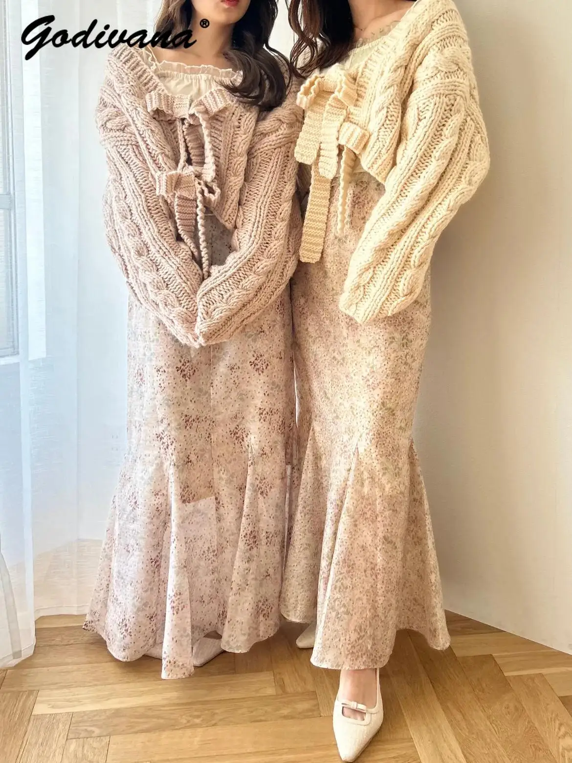 Japoński nowy jesienno-zimowy słodki sweter z kokardką 2-drożny sweter z dzianiny Pure Color Elegancki luźny krótki kardigan