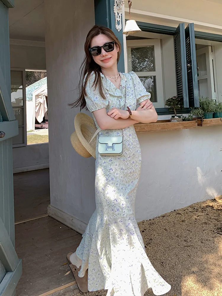 Spring Faion Blumendruck Tea Break Dr Damen Taillen-Cinching Bubble Sve Langer A-Linien-Rock Korean Sle ort Sve