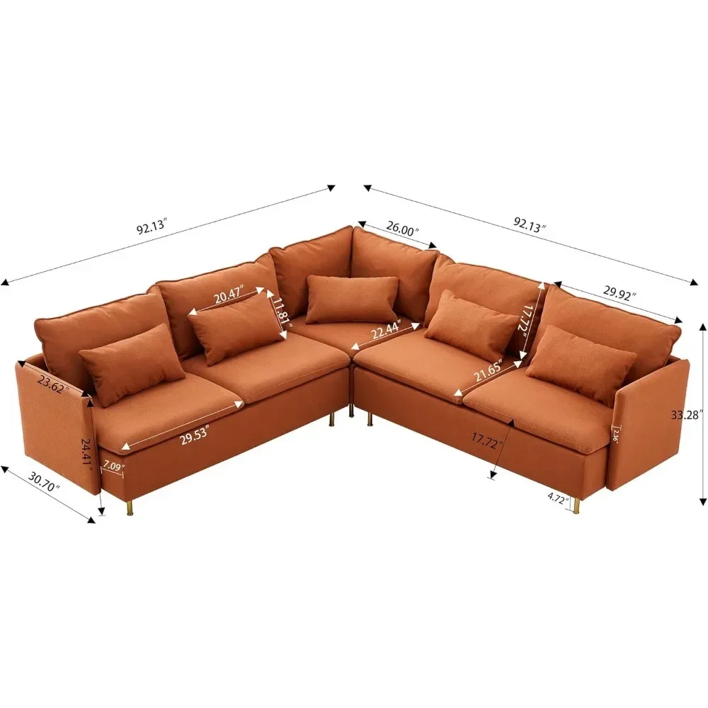 92 × 92'' Modular Sectional Couch, Comfy Boucle Teddy Fabric Corner Sofa, L Shape Sectional Sofa 5-Seater Couch with Gold Metal