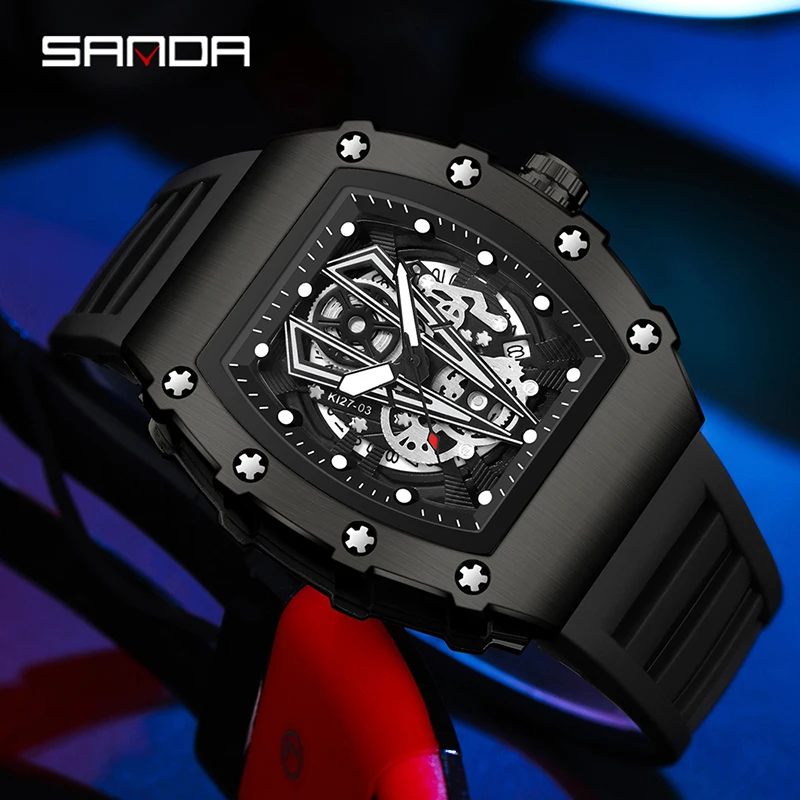 Fashion Sanda 7045 Top Brand Luxury Tonneau Men Military Chronograph Sport Waterproof Silicone Strap Quartz Wrist Watches