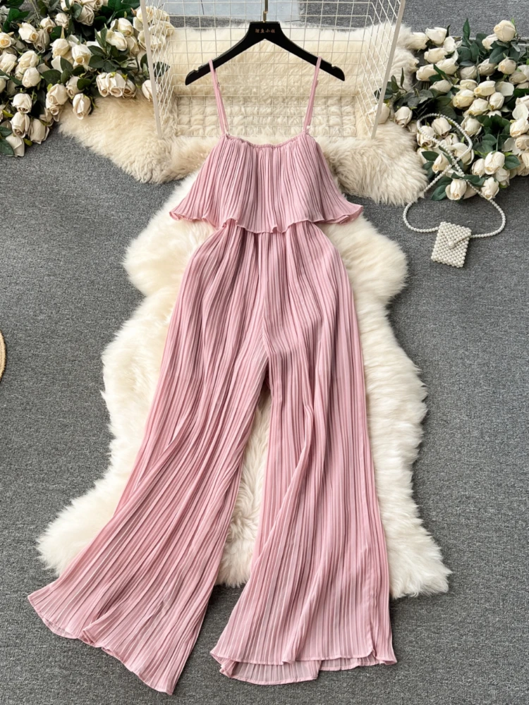 

Women Pleated Jumpsuit Summer Sweet Ruffled Strapless Wide Leg Pants Beach Playsuits Ladies Elegant High Waisted Solid Romper