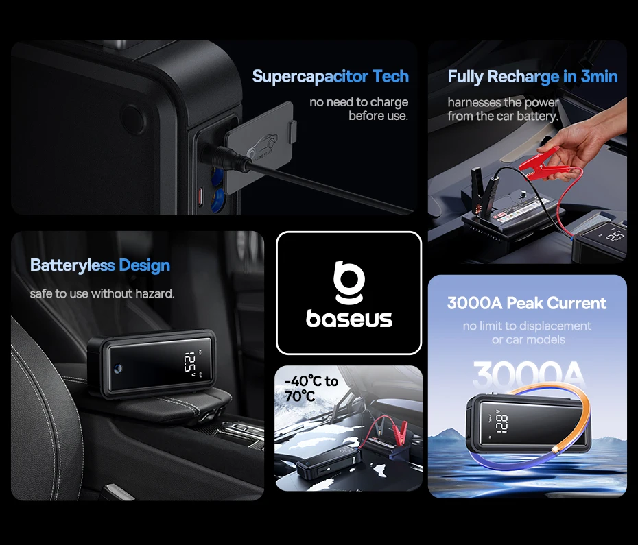 Baseus Super Capacitor Auto Starthilfe 3000A Auto Booster Gerät Ladegerät Batterie weniger Tragbare Auto Start für Notfall Gerät – Detail 6