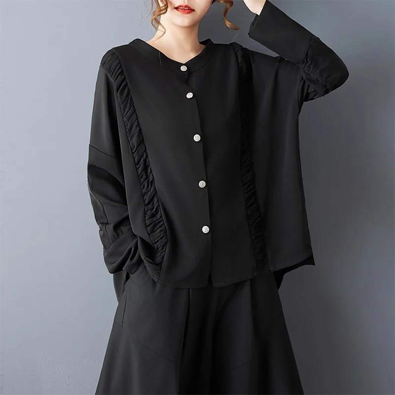 Spring Autumn Pressure Pleated Craft Large Size Shirt Fashionable And Versatile Loose Top+Wide Leg Pants Cardigan Outfits W1781