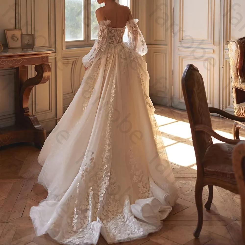 Customized Off Shoulder A Line Floor Length Tulle Wedding Dress Long Sheer Sleeve 3D Floral Lace Corset Bridal Gowns Luxury