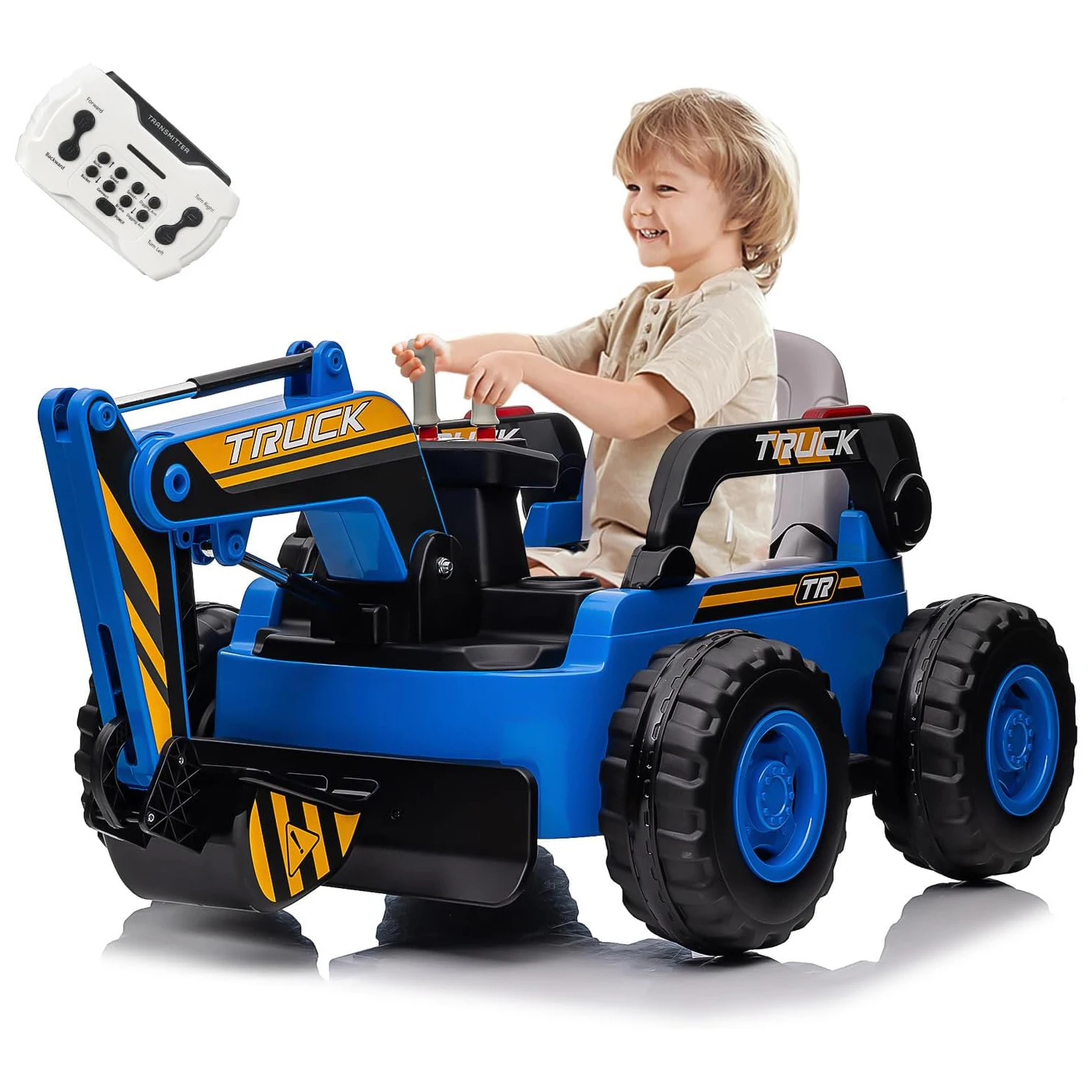 Koparka dla dzieci, zabawka, pojazd budowlany z napędem 4x4, elektryczna koparka, zasilana akumulatorem 12V, zdalnie sterowana.