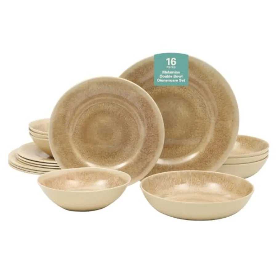 

Casper Court 16-Piece Melamine Dinnerware Set Beige Reactive Glaze Look Plates and Bowls, 4 Top Rack Dishwasher Safe Everyday D