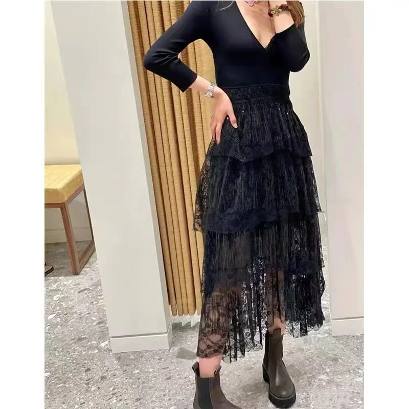 

Women Black Midi Dress Sequin Mesh Spliced V-Neck Three-Quarter Sleeve High Waist Holiday Summer 2024 Robe