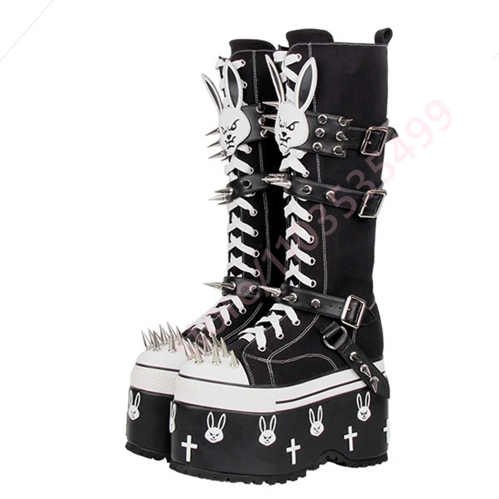 Thick Sole Rabbit Studded Canvas Boots 2026 New Belt Buckle Round Rock Y2K Motorcycle Boots Fashion Party Casual Gothic Stage Bo view 6