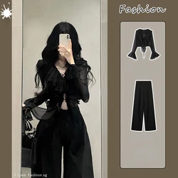 Fashion V-neck Ruffles Black Long Sleeve Cardigan Mujer+ Y2k High Waist Loose Wide Leg Pants woman 2024 New Two Piece Sets