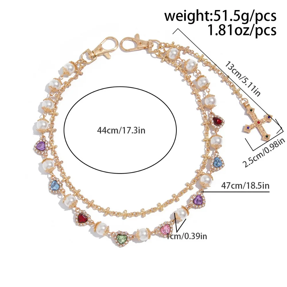 Double Layer Design Punk Rhinestone Keychain Colorful Rhinestone Alloy Material Love Heart Belt Chain Wallet Chain Luxury Style