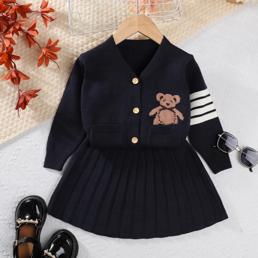 Grey Bear Printed Pocket Cardigan+solid Color Pleated Skirt 2-piece Sets for Winter Korean Version Simple Kids Clothes Girls