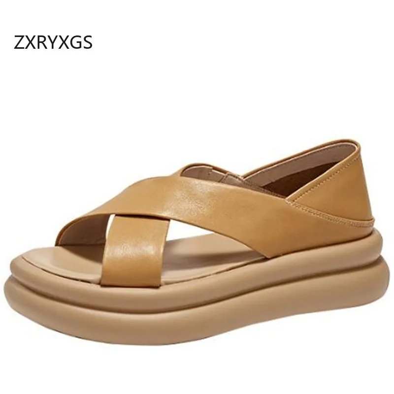 ZXRYXGS New Summer Genuine Leather Sandals 2024 Bestselling Open Toe Thick Sole Elevated Shoes Women's Sandals Casual Shoes Tide