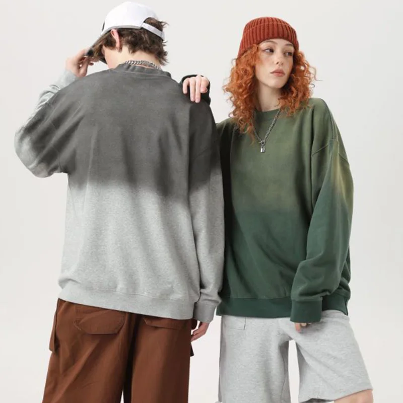 370g Y2K Fashion Mens Batik Washed Cotton Sweatshirts for Winter Gradient Loose Fit Hoodies Plus Size Casual Hip Hop Top