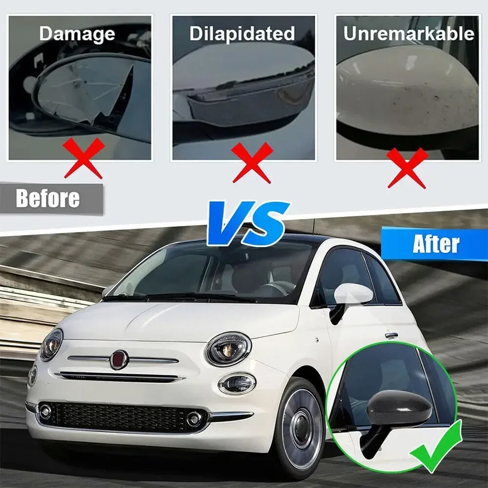 For Fiat 500 2007 2008 2009 2010 2011 2012-2021 Car Rearview Side Mirror Cover Wing Cap Exterior Door Housing Shell Trim Sticker