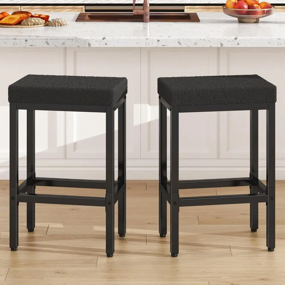 Pair of 26 Black Modern Counter Height Bar Stools with Metal Legs for Kitchen Island and Living Room