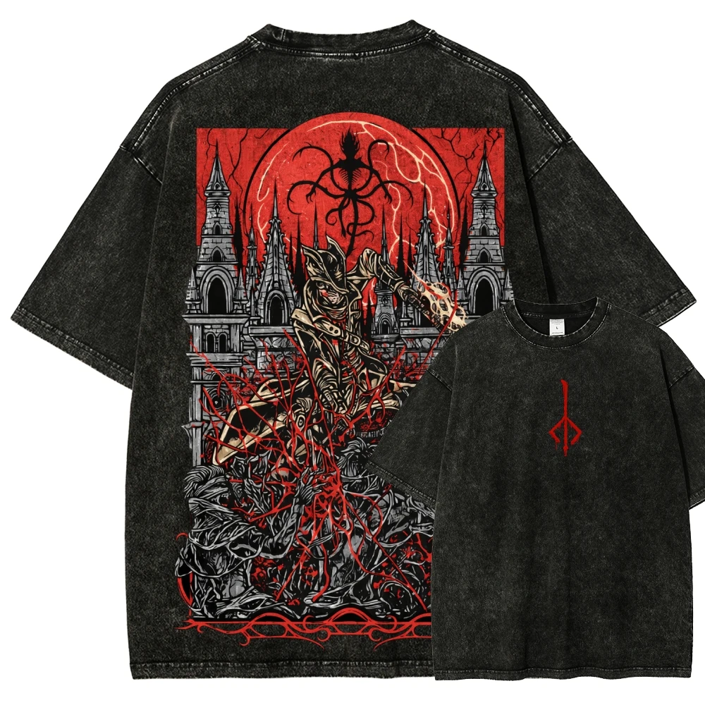 Blood Borne Anime Lover Washed T-shirt Year Round Clothing New Model Personality Clothes Plus Size Unisex High Quality Couples