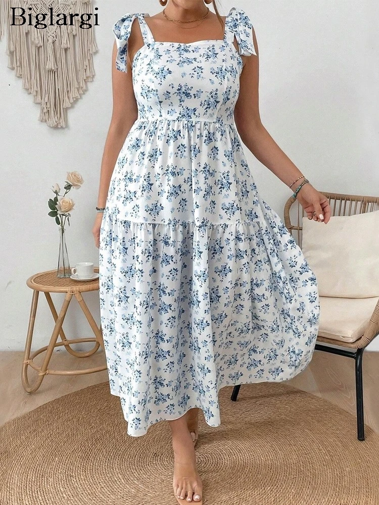 

Plus Size Summer Sleeveless Slip Dress Women Flower Floral Print Fashion Ruffle Ladies Dresses Loose Pleated Woman Midi Dress