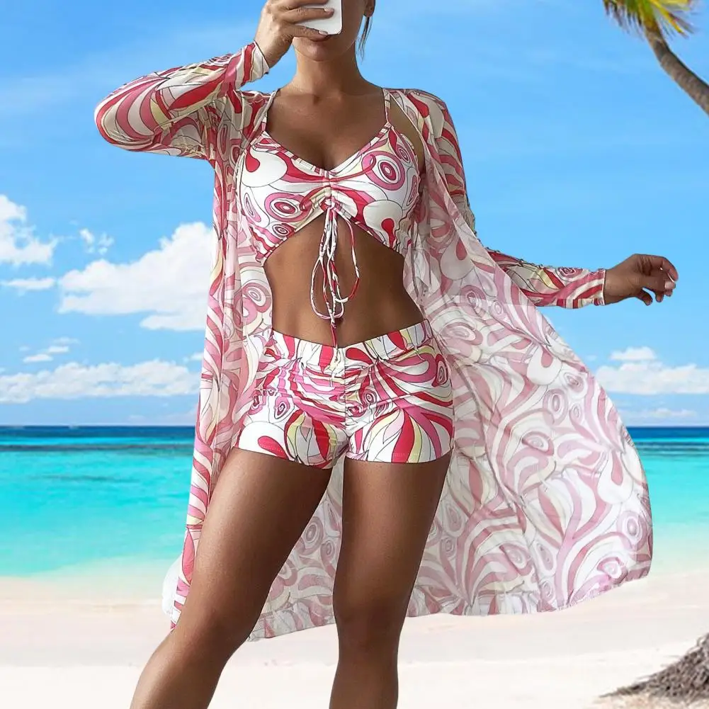 

Women Three-piece Bikini Set Women's Adjustable Drawstring Swimsuit Set Sling Tops High Waist Shorts Long Sleeve Cover Up