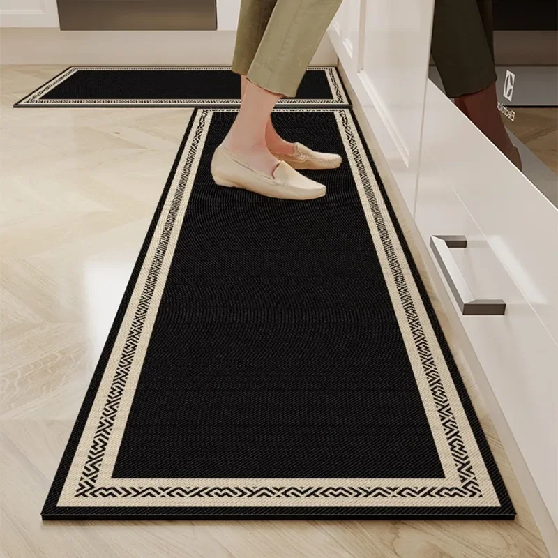 

Kitchen Floor Mat Black Simple Advanced Waterproof Oil-proof Leather Carpet Large Area Balcony Long Rug Alfombra De Cocina 주방 카펫