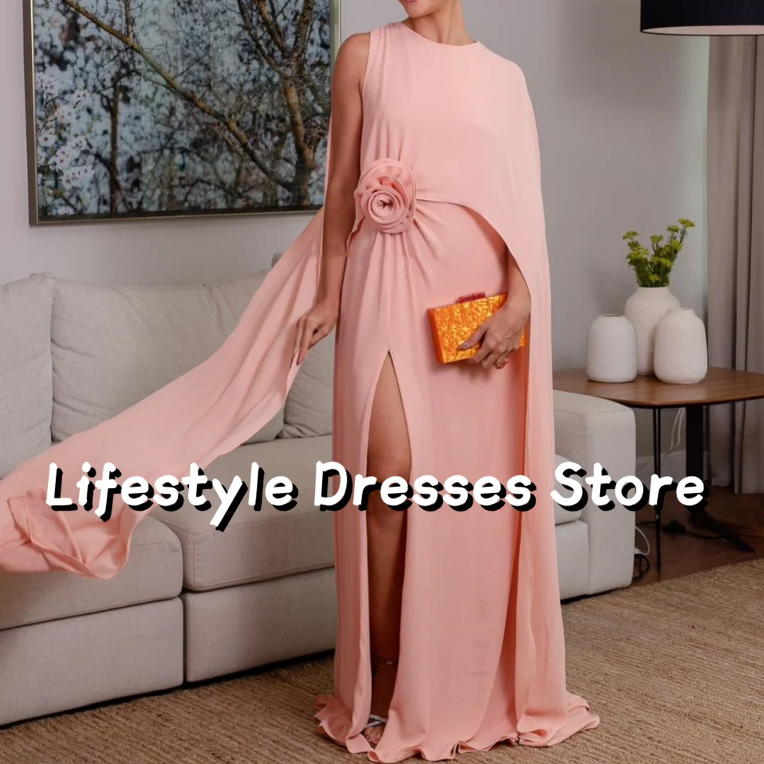 

Elegant Women Prom Dresses Chiffon Flower Side Slit Cape Long Evening Dresses Plus Size Mother Of The Bride Formal Occasion Gown