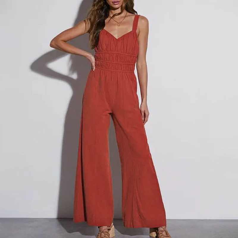 

Women's Sexy High Waist Sleeveless V-neck Wide Leg Jumpsuit Fashion New Summer Solid Color Vacation Suspender Playsuits Women