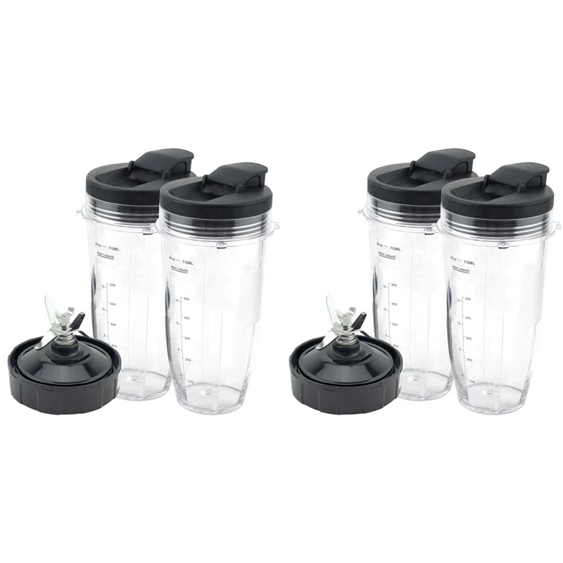 

ABBK-Blender Replacement Parts For Ninja, 4 24Oz Cups With To-Go Lids, 7 Fins Extractor Blade, For Nutri Ninja Auto IQ