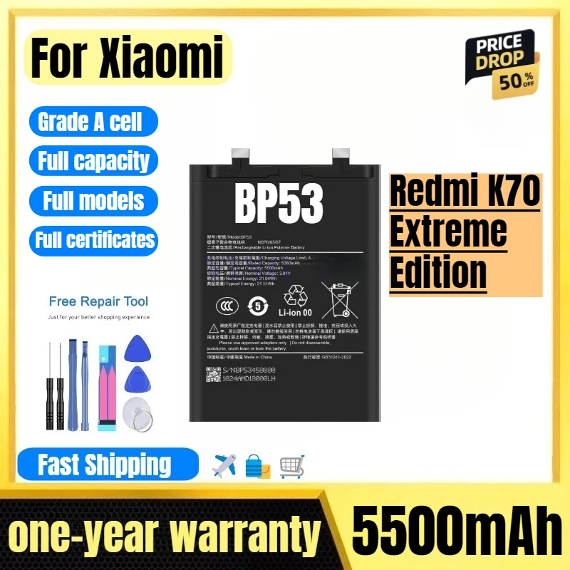 

BP53 for Xiaomi Redmi K70 Extreme Edition Phone Battery High Quality High Capacity Replacement Bateria Grade A Cell with Tools
