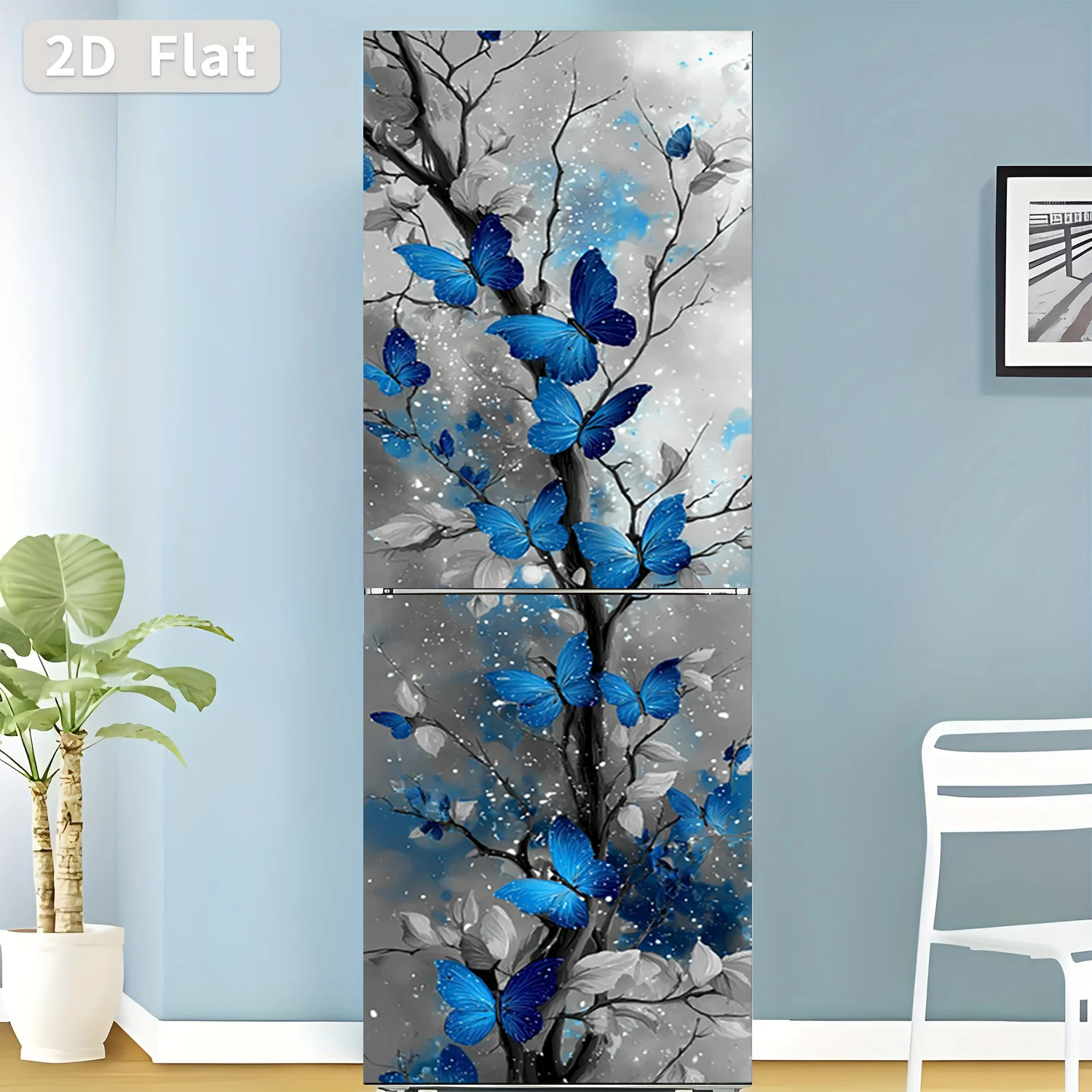 Refrigerator Sticker Blue Butterfly Perched on Branch Theme Design Wall Sticker Decorative Self-Adhesive Wallpaper Suitable For