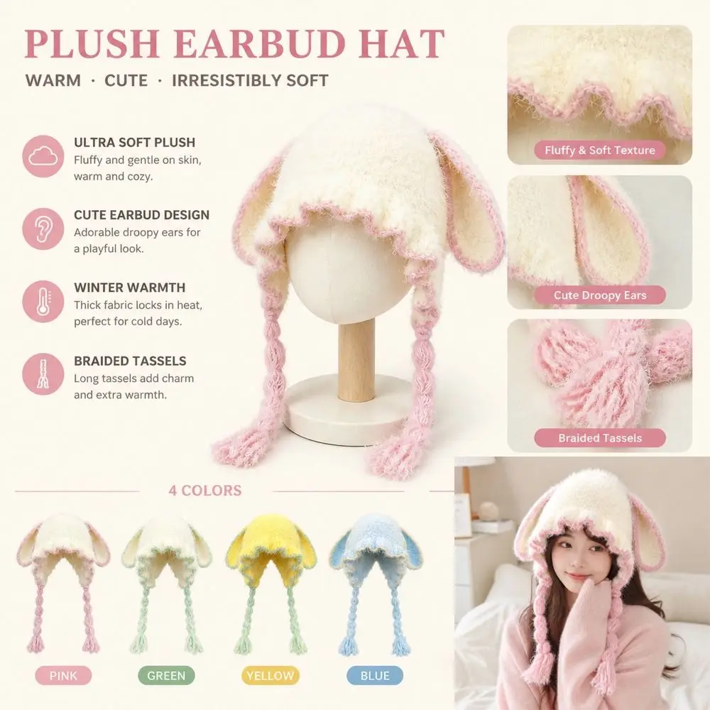 Soft Bunny Ear Hat Fuzzy Texture Braided Tassels Earflap Beanie Hat Ruffled Brim Colorful Style Winter Hat