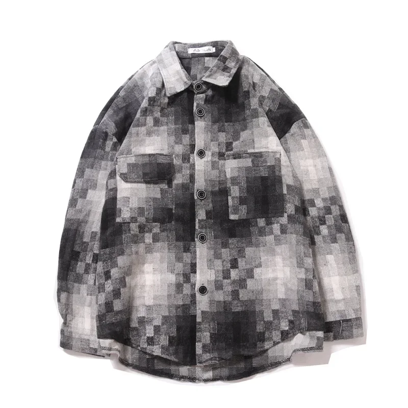 Japanese Retro Ethnic Style Brushed Plaid Shirt Men\'s Spring Loose Casual Long-sleeved Full print Shirts Coat Woolen Harajuku