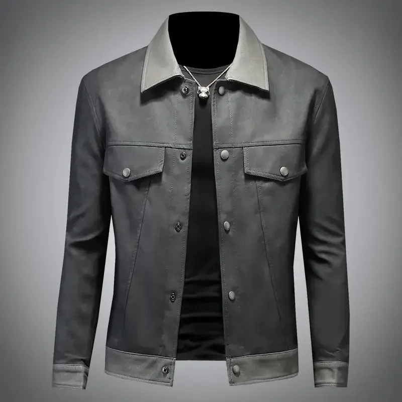 

American vintage gray lapel leather jacket men comfortable upscale casual luffie handsome single breasted trend leather jacket