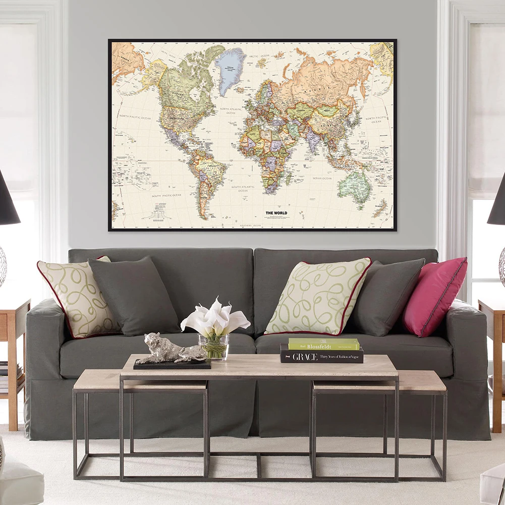 59*42cm Retro World Map Detailed Map of Major Cities In Each Country Non-woven Vintage Map Home Decoration Wall Poster