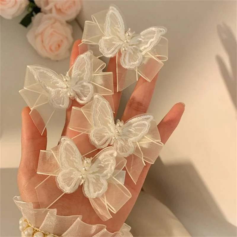 White Transparent Lace Butterflies Hair Clips For Women Cute Pearls Butterfly Hairpins Kids Bow Barrettes Girls Hair Accessories