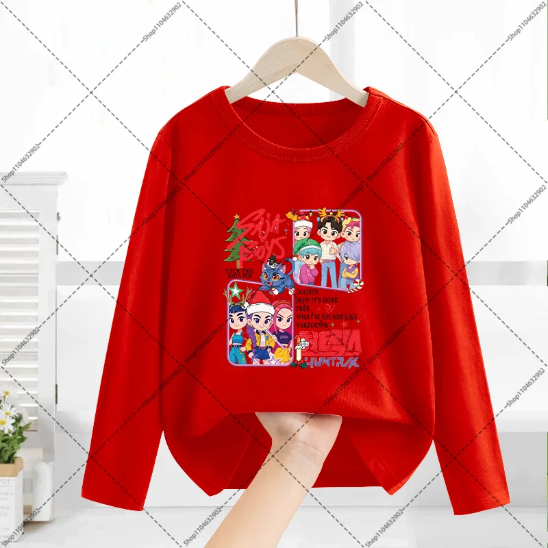 Kpop Demon Hunters Christmas Long Sleeves Boys Girls Thin Clothes Xmas Cartoon and Anime Pattern Printed T-shirt Festive Tops