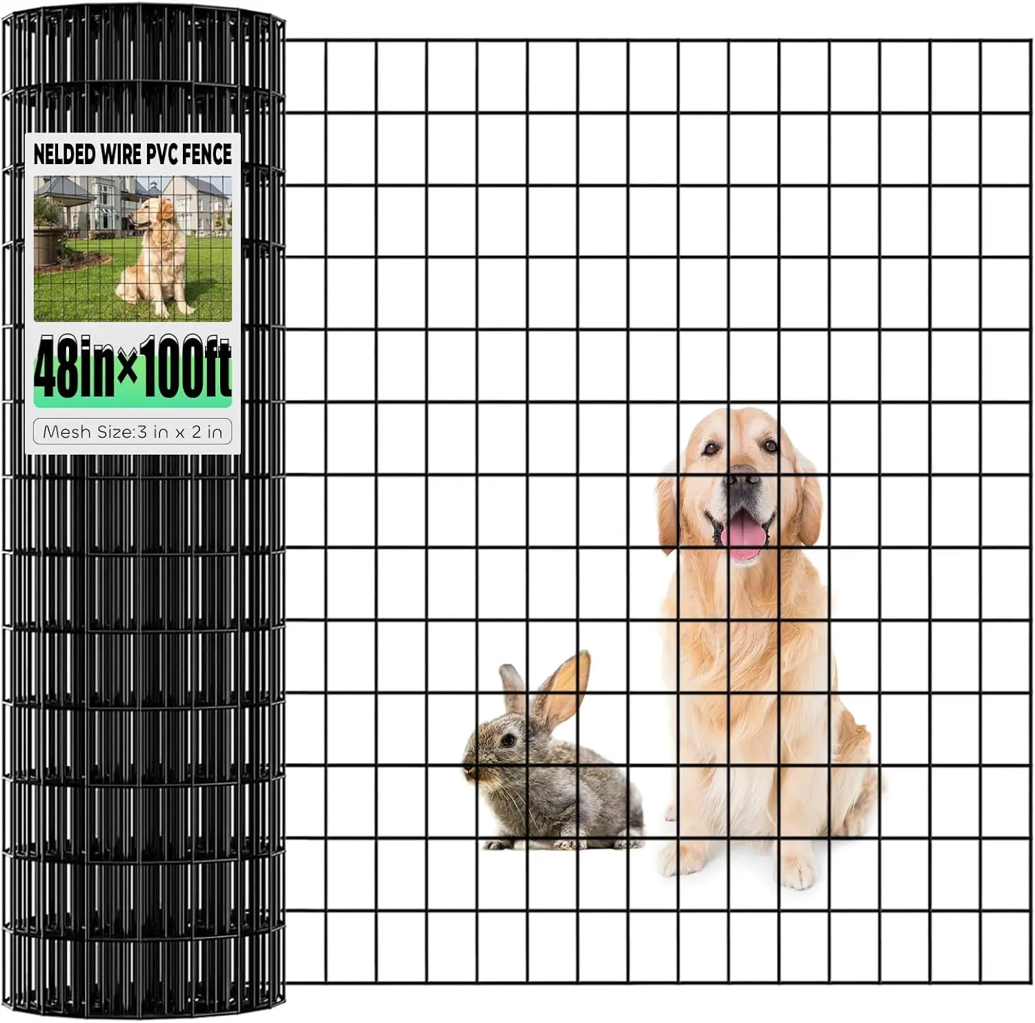 Rollo de alambre soldado recubierto de PVC negro, 48" x 100', malla de 2" x 3" para protección de jardín y patio