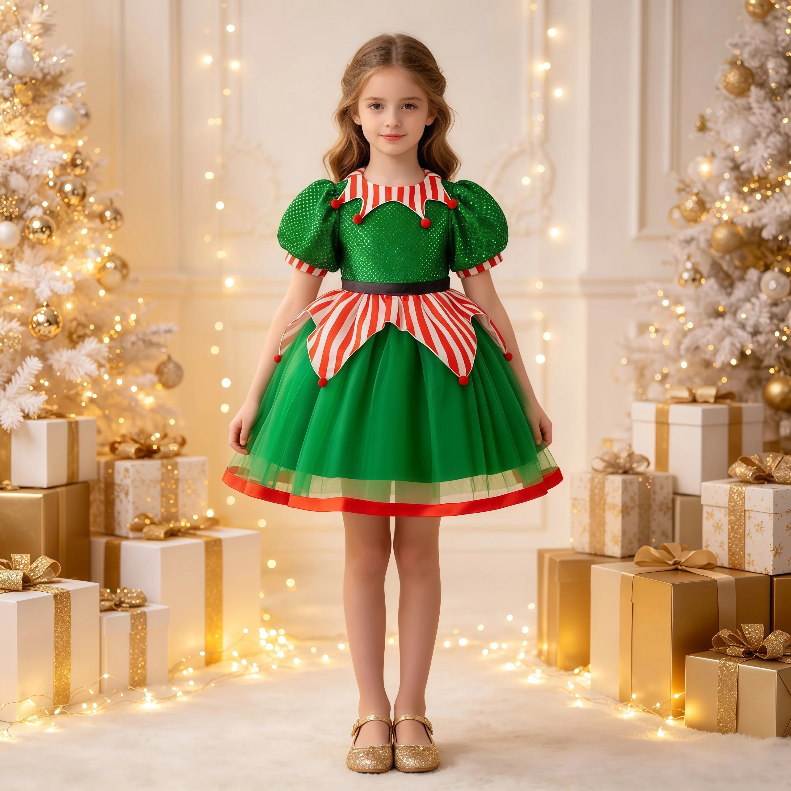 Streifen Clown Weihnachtsfeier Kostüm für Mädchen Puffärmel Karneval Geburtstag Mädchen Kleider Weihnachtsmann Festival Abend Abendkleid