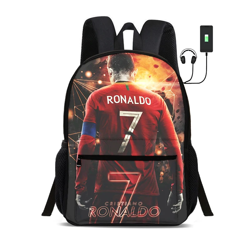 Football Sport School bags Backpack with USB interface Bag for Ronaldo Child Student Rucksack CR Football Star Bookbag Kids Gift