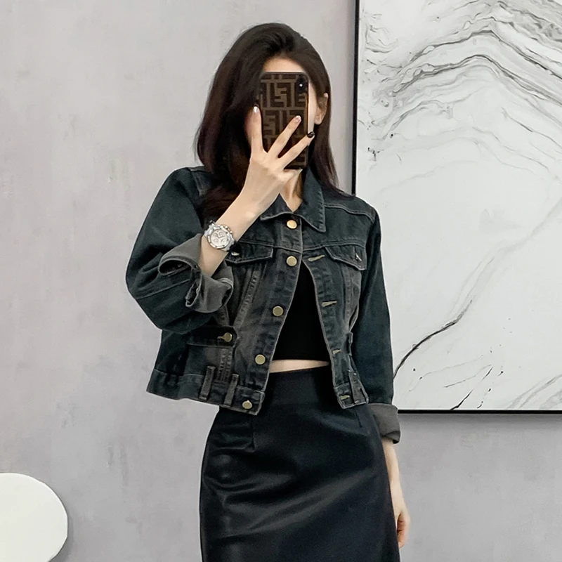 Vintage Washed Denim Coat Female American Retro Short Top 2024 Autumn Winter New Cropped Jacket Coat Harajuku Jean Coat Fashion