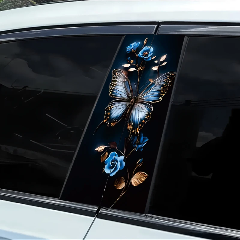

2 pieces of car B-pillar stickers Butterfly and Blue Roses Vinyl protective film