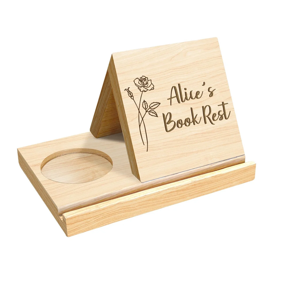 

Персонализированная деревянная треугольная подставка для книг с держателем для кофейной чашки, подстаканником для цветочной книги по индивидуальному заказу, без слов --AC82
