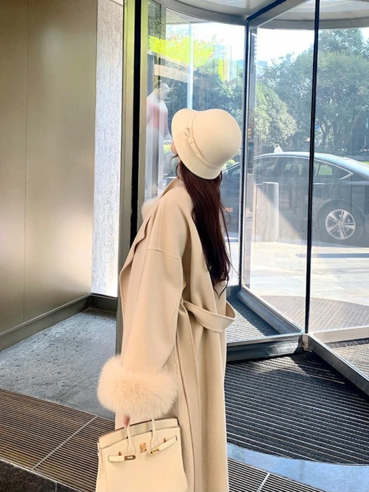 Women Elegant Double-faced Woolen Jacket New Autumn Winter Long Top Clothing Real Fox Fur Cuff Cashmere Wool Coat Female
