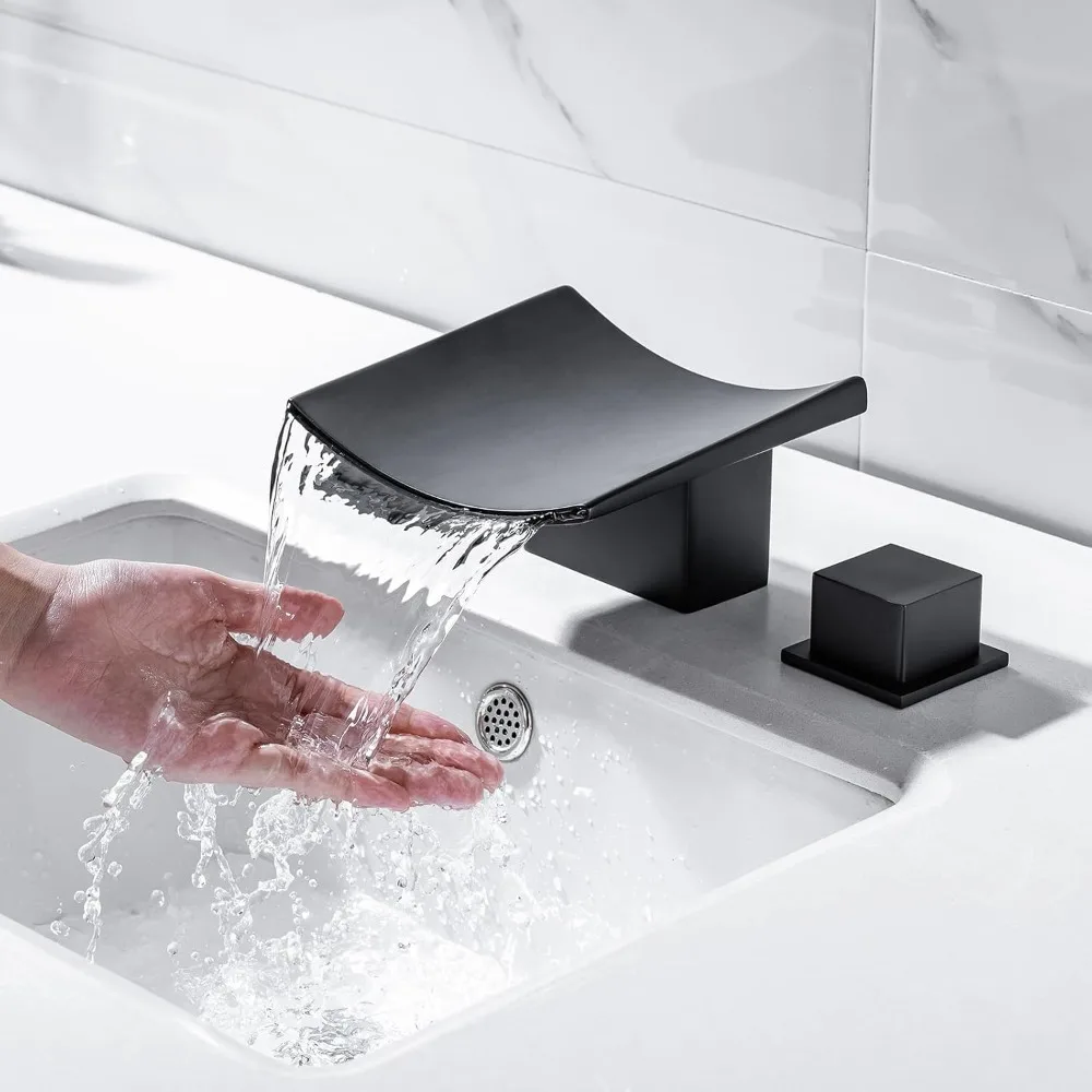 

Matte Black 3-Hole Widespread Waterfall Bathroom Faucet, Dual-Handle Brass Vanity Basin Mixer with Matching Supply Hoses